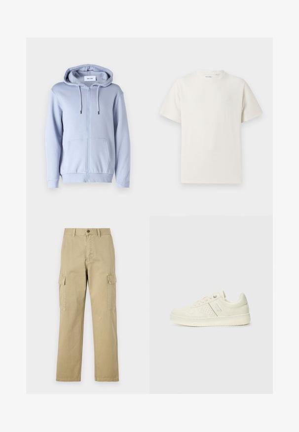 Only & Sons ONSCERES LIFE HOODIE - Sweat à capuche - eventide; T-shirt blanc à manches courtes en texture côtelée. Encolure ronde, coupe décontractée, sans motifs ni accents visibles. Design simple et polyvalent.; Pantalons cargo beiges en coton, dotés de deux poches latérales, d'une fermeture à bouton et de jambes droites avec un tissu légèrement texturé.; Sneaker couleur crème avec des détails perforés, des lacets et un logo sur le côté, présenté sur un fond blanc uni.