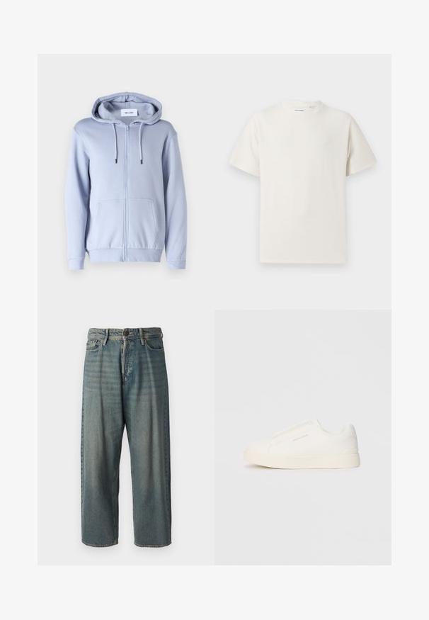 Only & Sons ONSCERES LIFE HOODIE - Kapuzenpullover - eventide; Weißes T-Shirt mit kurzen Ärmeln in gerippter Textur. Runder Ausschnitt, lockere Passform, keine sichtbaren Muster oder Akzente. Einfaches und vielseitiges Design.; Helle blaue Denim-Jeans mit lockerer Passform, mittelhoher Taille und geraden Beinen. Hat fünf Taschen, Gürtelschlaufen und einen Knopfverschluss.; Weiße Slip-On-Sneaker mit einer strukturierten Oberfläche, dicker Sohle und minimalistischem Design. Mit Logo der Marke an der Seite.