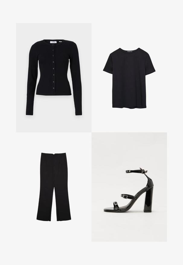 Mustassa ribbimuotoisessa neuletakissa on pitkät hihat, pyöreä kaula-aukko ja nappa etuosa, jossa on kuusi nappia. Suuri pehmeys, istuva muotoilu.; Yksinkertainen lyhythihainen musta puuvillapaidan t-paita, jossa on pyöreä kaula-aukko, esitetty valkoisella taustalla.; Mustat housut suoralinjaisella leikkauksella, joissa on etutaskut ja sivurei'ät helman alla. Valmistettu pehmeästä ja sileästä kankaasta. Sopii eri tilaisuuksiin.; Musta kiiltävä korkokenkä sandaalit neliönmuotoisella varpaalla, nilkkaremmillä ja hopeisilla soljilla. Varustettu tukevalla lohkokorkealla vakauden takaamiseksi.