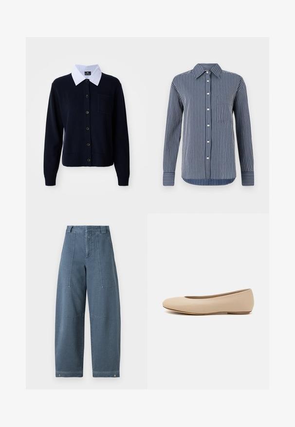 Marineblauwe cardigan met een knoopsluiting aan de voorkant, geribbelde manchetten en een pocket. Heeft een wit en blauw gestreept overhemd met kraag eronder.; Overhemd met knopen in marineblauw en witte strepen, lange mouwen, een enkele borstzak en een klassieke kraag, gemaakt van lichtgewicht stof.; Denim wijde broek in een lichtblauwe tint, met een gestructureerd oppervlak, twee voorzakken en duurzame stiksels aan de zoom.; Beige leren ballerina met een ronde neus, minimale naaidetailing, lage hak en subtiel logo op de achterkant. Gladde, matte textuur.