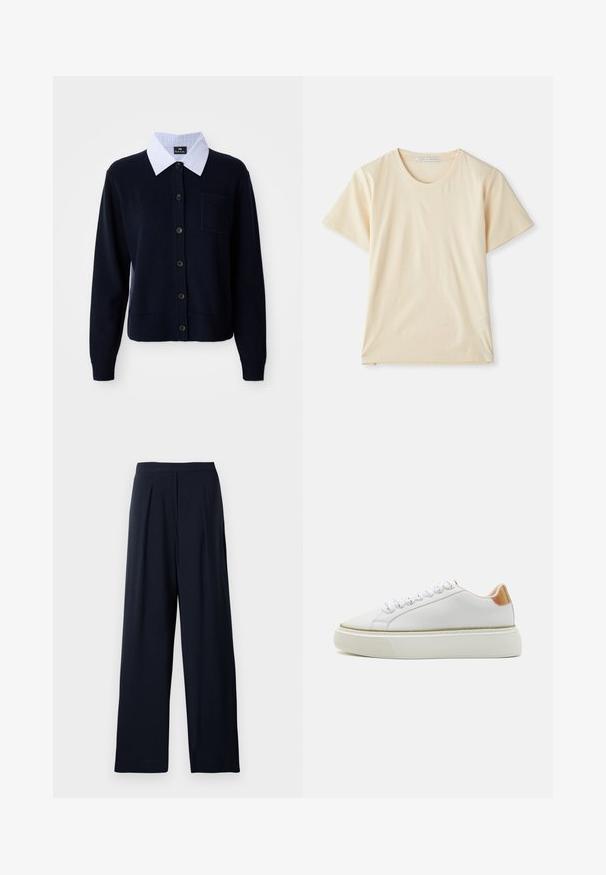 Sötétkék kardigán gombos elülső résszel, bordázott mandzsettákkal és zsebbel. Alatta fehér és kék csíkos galléros ing található.; Krém színű, puha, könnyű pamut póló, rövid ujjal és kerek nyakkivágással. Nincsenek látható minták vagy díszítések.; Sötétkék, bő szárú nadrág, amely lágy anyagból készült. Simma derékpánttal rendelkezik, és díszítés nélküli dizájnja sokoldalú viseletet biztosít.; Fehér sportcipő sima bőrből készült felsőrésszel, bordázott gumitalppal, lekerekített orral és fényvisszaverő díszítéssel a sarkán.