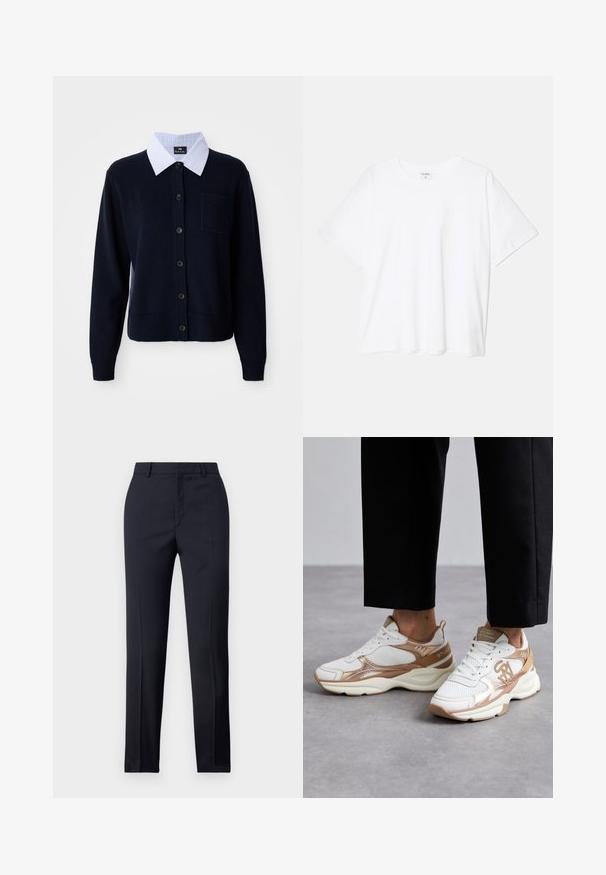 Tumehall sinine kardigan, millel on nööpide esikülg, soonikust mansetid ja tasku. All pool on valge ja sinine triibuline kraega särk.; Valge puuvillane T-särk lühikeste varrukatega, ümmargune kaelus, mugav lõige ja õmmeldud serv. Silt nähtav kaela seest.; Tumed kohandatud püksid sirge lõikega, millel on sile tekstuur, kaks esist taskut ja puhas vöökoht.; Valged tossud kuldsete aktsentidega, võrgusilmast pealne ja tekstuuriline disain; sisaldab logo detailimist ja pehmendatud krae mugavuse tagamiseks.