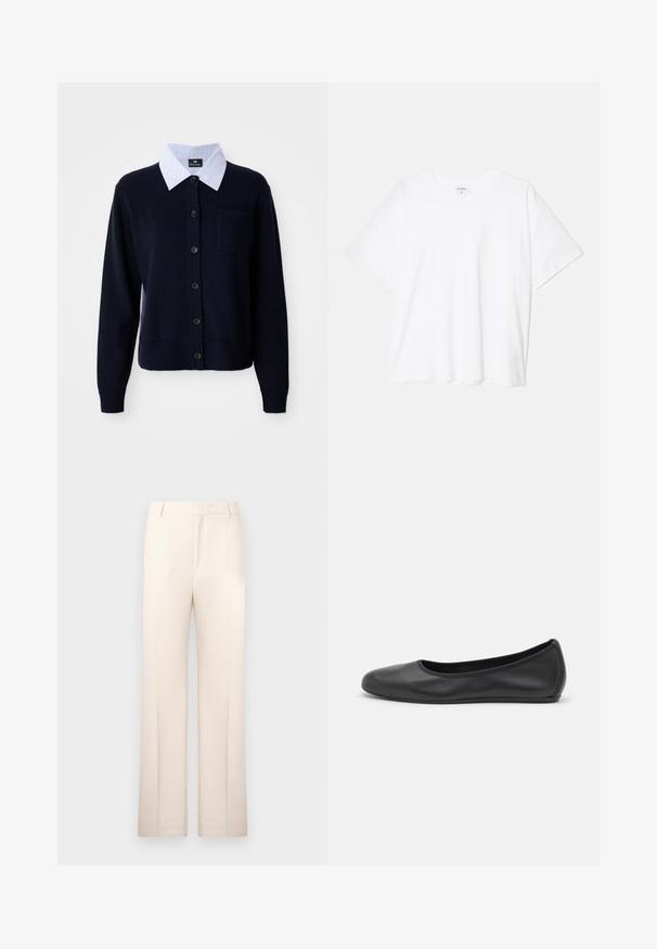Mornarsko plavi kardigan s prednjim zatvaranjem na dugmadi, rebrastim manžetama i džepom. Ispod se nalazi bijela košulja s plavim prugama.; Bijela pamučna majica s kratkim rukavima, okruglim izrezom, opuštenim krojem i šivenim rubom. Etiketa je vidljiva na unutarnjoj strani vrata.; Bež hlače s ravnim nogavicama, izrađene od lagane tkanine. Imaju prednje nabore i klasičan pojas.; Crne kožne baletanke s zaobljenim vrhom, glatke teksture, minimalnim detaljima šavova i fleksibilnim dizajnom potplata.