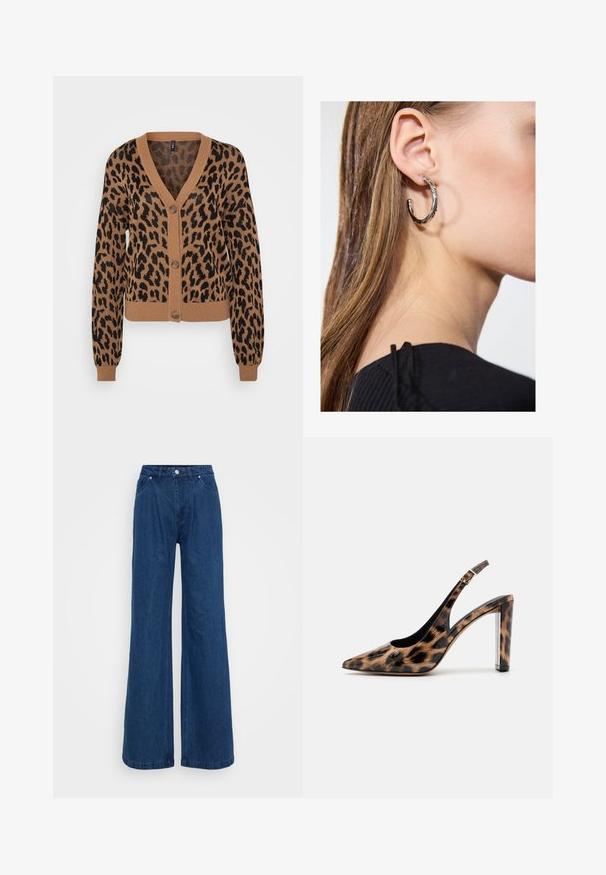 Leopárdmintás kardigán barna és fekete színben, V nyakkivágással, gombos elülső résszel, hosszú ujjal, bordás mandzsettával és szegéllyel. Puha kötött textúra.; Fekete bordázott rövid ujjú póló, kerek nyakkivágással. Puha tapintású és testhez simuló fazon, egyenes aljjal és minimális részletezéssel.; Magas derekú, széles lábú kék farmernadrág, elülső gomb- és cipzárzárral, valamint elülső és hátsó zsebekkel, sima háttér előtt.; Leopárdmintás slingback pump, hegyes orral és átlátszó blokk talppal. Fényes anyagból készült, sima tapintású.; Ez egy ezüst fülbevaló, sima felülettel, amelyen apró arany díszítőelemek találhatók. Kerek formájú és a fülcimpán viselik.