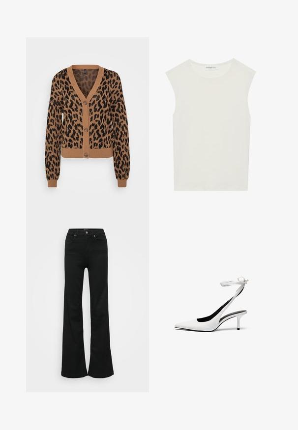 Cardigan z leopardjim vzorcem v rjavi in črni barvi, z V-izrezom, sprednjim gumbom, dolgimi rokavi ter rebrastimi manšetami in robom. Mehka pletenina.; Bela brezrokavnica s okroglim izrezom. Narejena iz gladkega materiala, ima sproščen kroj in minimalističen dizajn. Brez vzorcev ali okrasnih elementov.; Črne razširjene kavbojke iz denima, z visokim pasom, petimi žepi in kovinskim gumbom za zapiranje. Gladka tekstura z minimalnimi detajli.; Bele stiletto sandale z odprtim nosom in tankim zapenjanjem okoli gležnja. Gladek usnjen material, tanki stiletto pete in črna notranja podloga.