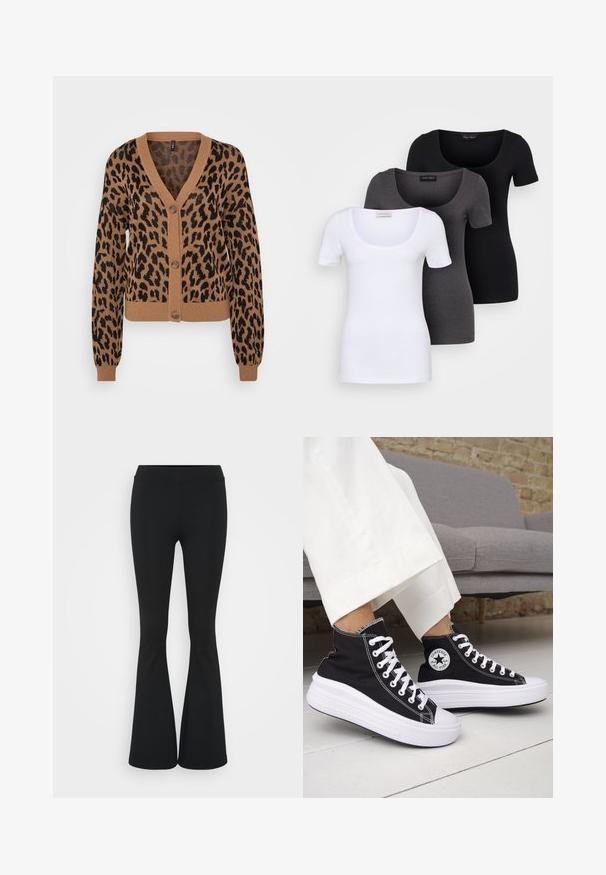 Parduotuvės spausdinta kardiganas rudu ir juodu, su V formos kaklu, mygtukų uždarymu, ilgomis rankovėmis ir sukančiomis apykaklėmis bei apačia. Minkšta megztinė tekstūra.; Trys priderinti marškiniai: balti, pilki ir juodi. Kiekvienas turi plačią apvalią iškirptę ir trumpas rankoves. Pagaminti iš lygaus, tamprių audinio.; Juodai platėjantys kelnių, pagamintų iš tamprių medžiagų, kurie turi aukštą juosmenį ir lygią tekstūrą. Kelnės platėja nuo kelio.; Juodi aukštakulniai sportbačiai su baltais guminiu padu ir raišteliais. Ant jų yra apvalus logotipo lopas ir kontrastingos baltos siūlės. Pagaminti iš drobės medžiagos.