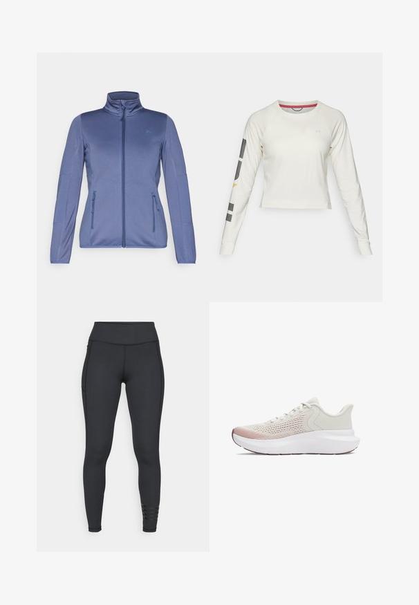 Blue athletic jacket with a high collar, full front zipper, and two zippered side pockets. Features smooth fabric and textured sleeves.; Light cream long-sleeve crop top with raglan sleeves, featuring a small logo on the chest and graphic accents on the left sleeve.; Black leggings made from stretchy material, featuring a high waistband, sleek design, and striped accent details near the ankle.; Lightweight athletic shoes with a breathable white mesh upper, gradient pink accents, and a thick white sole with textured detailing.