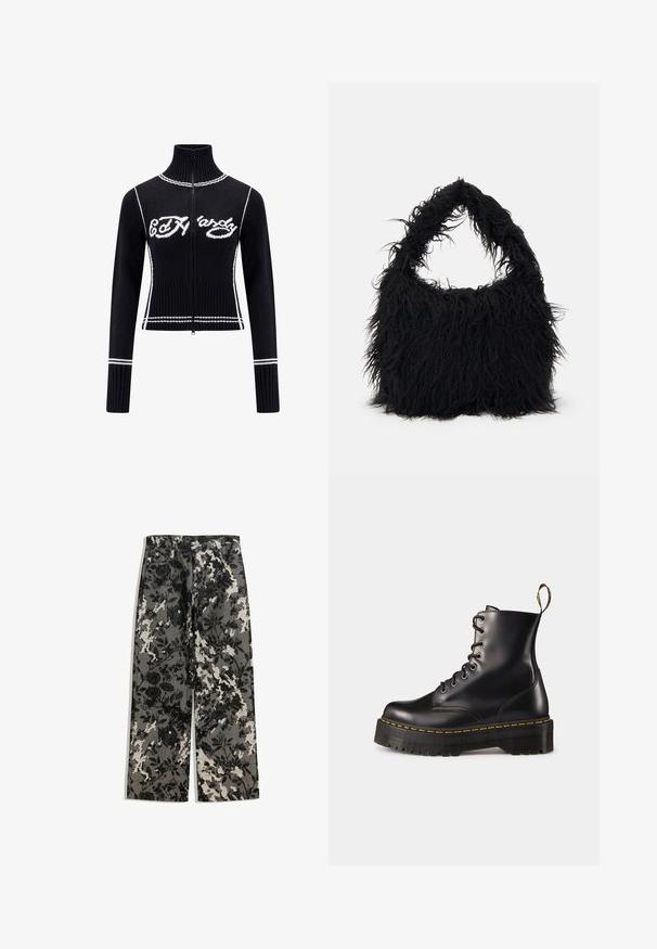 Schwarzer gestrickter Zip-Up-Pullover mit hohem Kragen. Mit weißen Akzenten und dem "Ed Hardy"-Logo in Weiß auf der Brust. Kurzes Design.; Drei langärmelige Oberteile in Hellblau, Schwarz und Weiß. Das Design verfügt über einen runden Ausschnitt und eine weiche, leichte Stofftextur.; Hochtaillierte, weit geschnittene Hose mit einem strukturierten schwarz-weißen Blumenmuster auf grauem Hintergrund, mit einem klassischen Bund und vorderen Taschen.; Schwarze Leder-Schnürstiefel mit knöchelhohem Schaft, einer robusten schwarzen Sohle und gelben Nähten. Verfügt über eine Lasche hinten und runde Metallösen.; Even&Odd Shopping Bag - black