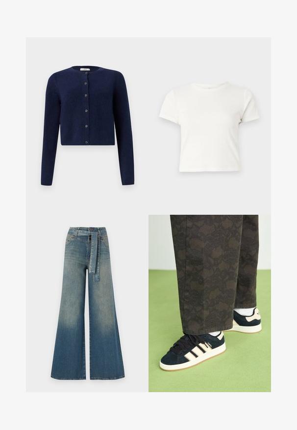 JDY JDYCHLOE LIFE L/S NOOS - Cardigan - night sky; Short white t-shirt made of cotton with short sleeves, a round neckline, and a straight hem, featuring a smooth texture and minimal design.; Wide-leg denim trousers featuring a light to dark blue gradient, high waist, belt loops, and a matching fabric belt. Textured denim finish.; Black and patterned trousers paired with navy suede sneakers featuring cream stripes and white soles. Surfaces shown are textured and flat.