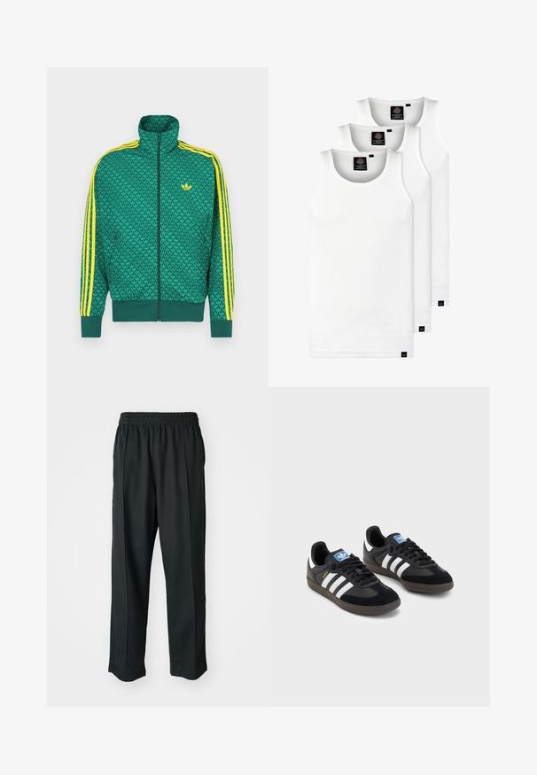 Green zip-up jacket with a geometric pattern, yellow stripes on sleeves, high collar, and logo at the chest. Lightweight fabric texture.; Three white ribbed tank tops made of cotton. Features a crew neck and small black labels near the hem. Available in multiple sizes.; Black athletic pants with an elastic waistband, made of smooth fabric, featuring subtle side stitching and a relaxed fit, straight leg design.; Black sneakers with a suede and synthetic upper, featuring three white stripes, textured rubber sole, and blue logo tag on the tongue.