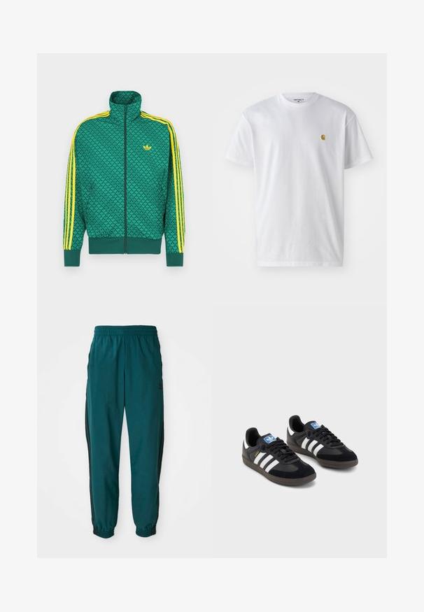 Giacca verde con zip e motivo geometrico, strisce gialle sulle maniche, collo alto e logo sul petto. Tessuto leggero.; T-shirt bianco in cotone con maniche corte, con colletto girocollo, caratterizzato da un piccolo logo dorato sulla parte sinistra del petto. Tessuto morbido e vestibilità regolare.; Pantaloni sportivi turchesi con vita regolabile tramite cordino, polsini elastici e strisce nere laterali. Realizzati in tessuto leggero, presentano un logo vicino all'anca.; Sneakers neri con tomaia in suede e materiale sintetico, caratterizzati da tre strisce bianche, suola in gomma testurizzata e etichetta blu sul linguetta.