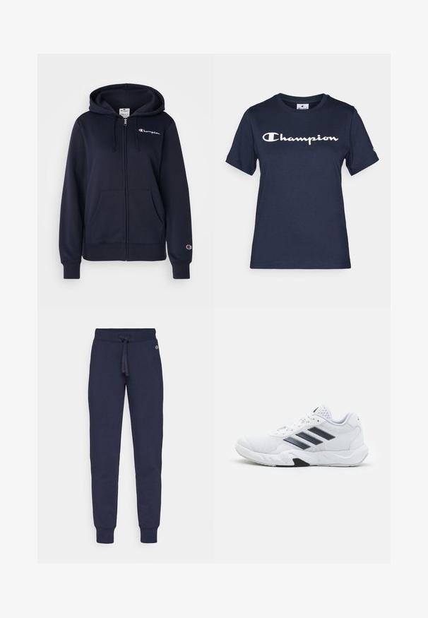 Champion ICONS FULL ZIP HOODIE SMALL LOGO - Zip-up sweatshirt - dark blue; Navy blue cotton t-shirt with short sleeves, featuring a white "Champion" logo across the chest and a small logo on the sleeve.; Navy blue sweatpants made of soft material, featuring a drawstring waist, tapered legs, and ribbed cuffs. Small logo detail at the hip.; White athletic shoe with mesh upper, three black stripes on the side, textured accents, and a sturdy rubber sole with a contrasting black section.