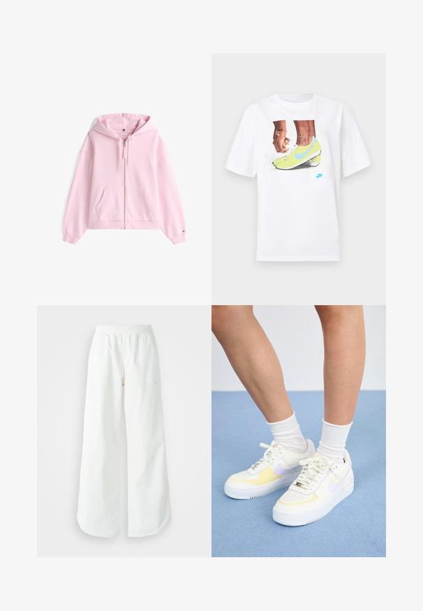 Felpa con zip di colore rosa, in cotone, con tasca anteriore, cappuccio regolabile con cordini e polsini a coste. Dettagli del logo discreti sul petto.; T-shirt bianco in cotone con una grafica di piedi che indossano scarpette Nike gialle con dettagli blu, abbinato a un braccialetto al polso sinistro.; Pantaloni sportivi bianchi a gamba larga con vita a coste e delicato dettaglio del logo. Tessuto liscio con vestibilità rilassata e orlo affusolato.; Sneakers bianchi in pelle con accenti gialli e lavanda, punta tonda, lacci piatti e suola in gomma texturizzata. Indossati con calzini bianchi.