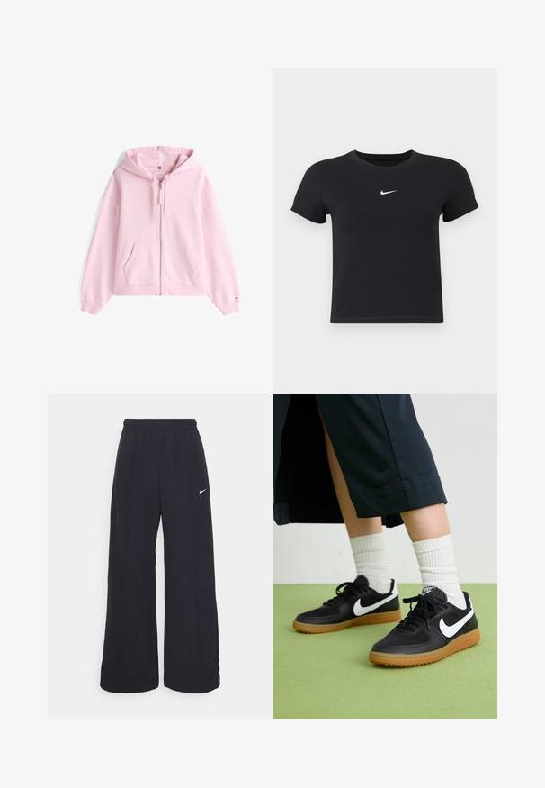Vaaleanpunainen vetskarihuppari, puuvillamateriaalia, jossa on etutasku, nauhakuulokkeellinen huppu ja ribattu hihansuu. Huomaamaton logotyyppitys rinnassa.; Mustat lyhyet hihattomat t-paidat, jotka on valmistettu puuvillasta ja joissa on pyöreä pääntie. Sisältää valkoisen Nike-logon rinnassa, yksinkertainen muotoilu ja kapea leikkaus.; Mustat leveät housut, joissa on joustava vyötärönauha ja pieni valkoinen Nike-logo. Kangas on sileä, suunniteltu mukavuutta ja rentoa käyttöä varten.; Mustat nahka- ja synteettiset urheilukengät, joissa on valkoinen Nike-merkki, kuminen pohja, pyöreä kärki ja mustat nauhat. Raitapintaiset valkoiset sukat näkyvissä.