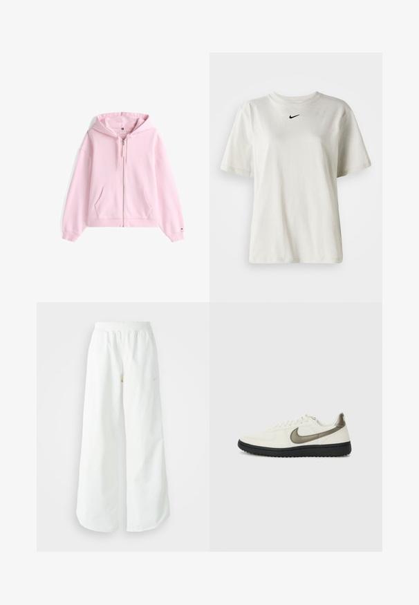Haut à zip rose, en coton, avec une poche avant, une capuche à cordon et des poignets côtelés. Détails logo subtils sur la poitrine.; T-shirt en coton blanc avec un col rond et des manches courtes. Présente un petit logo Nike noir sur la poitrine. Design simple et épuré.; Pantalons de sport larges blancs avec une taille côtelée et un discret logo. Tissu lisse avec une coupe décontractée et un bas effilé.; Nike Sportswear FIELD GENERAL - Baskets basses - off-white/black