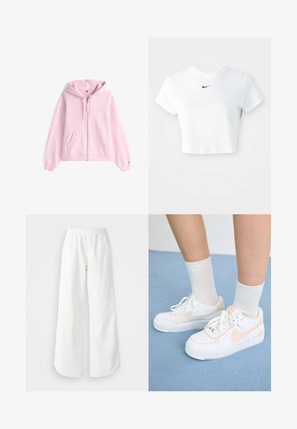 Roze zip-up hoodie, gemaakt van katoen, met een voorzak, trekkoordkap en geribbelde manchetten. Subtiele logo-details op de borst.; Witte cropped T-shirt van katoen, met korte mouwen en een ronde halslijn, voorzien van een zwart Nike-logo op de borst.; Witte atletische broek met wijde pijpen, een geribde tailleband en subtiele logodetails. Soepele stof met een relaxte pasvorm en taps toelopende zoom.; Witte sneakers met perzikkleurige accenten, glad leren bovenwerk, geperforeerde neus, textuurzool en veters. Draag ze met witte crew-sokken op een blauwe ondergrond.