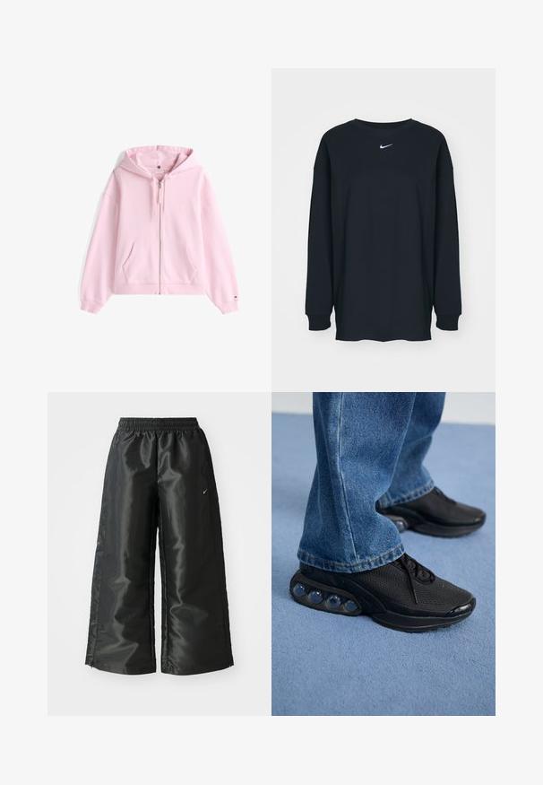 Lyserød lynlås hættetrøje, lavet af bomuldsmateriale, med en forlommer, snoretræk i hætten og ribbede manchetter. Diskret logo-detalje på brystet.; Sort langærmet T-shirt lavet af bomuld med rund hals. Har et hvidt Nike-logo på brystet. Blød tekstur, enkelt design.; Sorte sportsbukser i et blankt, glat stof med en elastisk talje, brede ben og et lille logo på venstre side.; Sorte træningssko med mesh-overdel, teksturerede detaljer og synlige luftdæmpningspodere i sålen. Båret med blå denimjeans.