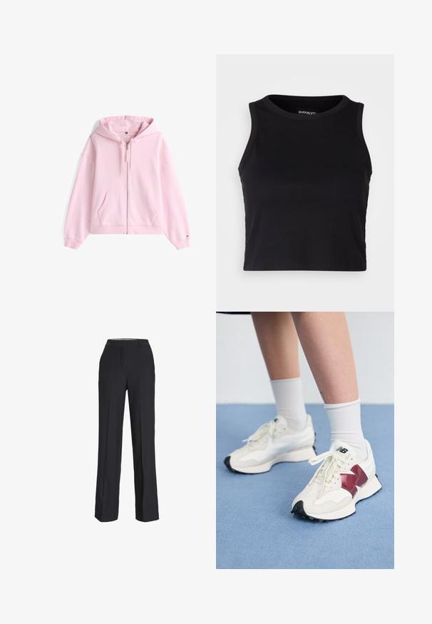 Ružičasta zip-up dukserica, od pamuka, s prednjim džepom, kapuljačom na vezanje i rebrastim manžetama. Suptilno logo detaljiranje na prsima.; Crna rebrasta kratka majica bez rukava s okruglim izrezom. Izrađena od mekog, rastezljivog materijala, s urednim rubovima.; Crne, hlače visokog struka ravnog kroja. Izrađene od glatkog materijala, s prednjim plisiranim detaljima i bočnim džepovima.; Par bijelih tenisica s maroon akcentima, teksturiranim panelima, ravnim crnim potplatom i svijetlim vezicama, nošene s bijelim čarapama do gležnjeva.