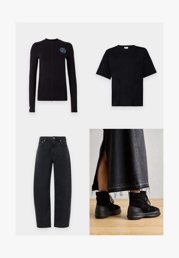 Casaco preto de manga longa com fecho de correr, apresentando um logótipo azul em forma circular no lado esquerdo do peito e um design ajustado com costuras planas.; T-shirt preto de manga curta em ajuste descontraído, feito de tecido macio, com decote redondo e sem padrões ou acessórios proeminentes.; Levi's pretos em denim com um design de perna reta, cinco bolsos e detalhes em cobre. O tecido tem uma textura suave e costuras clássicas.; Botas de tornozelos pretas em camurça, com biqueira arredondada, design com atacadores e sola de borracha grossa e texturizada. Saia de ganga com bainha imperfecta visível.