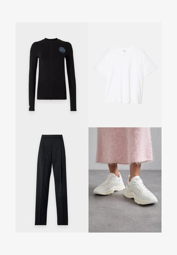 Čierna dlhá bunda s dlhým rukávom so zipsom vpredu, so modrým kruhovým logom na ľavom prsnom vrecku a priliehavým strihom s plochými švami.; Biely bavlnený tričko s krátkymi rukávmi, okrúhlym výstrihom, voľným strihom a prešitým lemom. Štítok viditeľný na vnútornom krku.; Čierne nohavice vyrobené z hladkej látky s vysokým pásom, širokými nohavicami, prednými záhybmi a klasickými pútkami na opasok. Žiadne bočné vrecká nie sú viditeľné.; Biele tenisky z mesh a koženého materiálu, zaoblená špička a polstrovaná podrážka. Obsahujú šnúrky a názov značky na jazyku.
