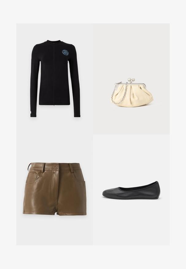 Svart langermet jakke med glidelås foran, prydet med en blå sirkulær logo på venstre bryst og en tett passform med flate sømmer.; Svart langermet t-skjorte med rund hals laget av teksturert stoff, med rett nederkant og sømdetaljer på kragen og skuldrene.; Brune imitert skinnshorts med en tettsittende design, liv med belteholdere, frontlommer og synlige sømdetaljer.; Svart skinnballettflatt med rund tå, glatt tekstur, minimal sømdetalj, og et fleksibelt såledesign.; Foliebeige lærveske med plisseringer og en sølvmetalramme, med to runde dekorative låser og en sølvkjede.