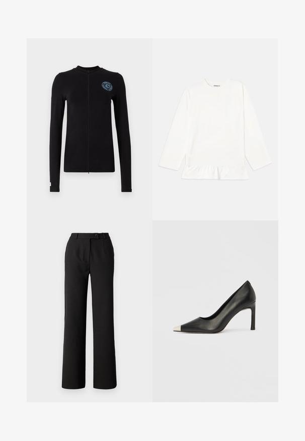 Svart langermet jakke med glidelås foran, prydet med en blå sirkulær logo på venstre bryst og en tett passform med flate sømmer.; Hvit langermet topp i myk stoff, med volangkant. Designet har en rund hals og diskret merkevare ved brystet.; Svarte bukser laget av glatt stoff, med en rett ben-design, frontfolder og en enkelt knappelukking i midjen.; Svart lærsko med høye hæler, spiss tå og metallisk sølvhette. Har en glatt finish og en slank hæl på 10 cm.