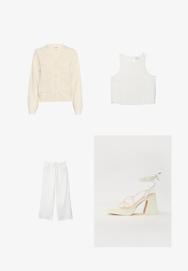 Gilet de couleur crème fabriqué dans un matériau doux, avec un col en V, une fermeture à boutons, des manches longues et deux poches plaquées à l'avant.; Haut sans manches blanc avec un col rond, présentant une texture subtile, un détail en forme de trou de serrure au dos et un ourlet droit.; Pantalons larges blancs en tissu doux, dotés d'une taille à cordon de serrage et de deux poches avant. Texture lisse et sans motifs visibles.; Sandale blanche à talons hauts avec un talon épais, présentant un design à lanières et un lien autour de la cheville. Texture lisse avec une plateforme à l'avant pour une hauteur supplémentaire.