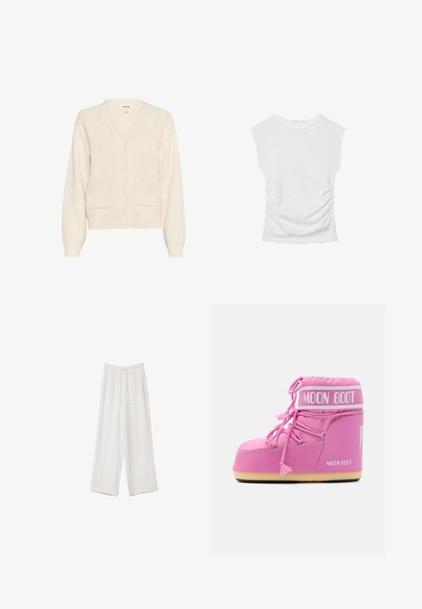 Kremni cardigan iz mehkega materiala, z v-izrezom, zapiranjem na gumb, dolgimi rokavi in dvema sprednjima žepoma.; Bela top brez rokavov z okroglim izrezom in subtilnim nabiranjem ob straneh, položena na ravno podlago na belem ozadju.; Bele široke hlače iz lahkega materiala. Imajo elastičen pas s vrvico in stranske žepe. Gladka tekstura.; Roza luna čizma z visokim zgornjim delom, teksturirano blago, dekorativne vezalke in blagovno znamko za trak. Ima trden podplat za stabilnost.