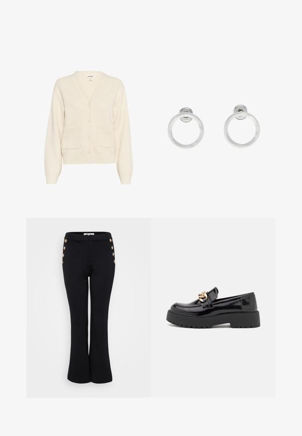 Cárdigan color crema hecho de material suave, con escote en V, cierre de botones, mangas largas y dos bolsillos delanteros tipo parche.; Even&Odd Petite 2 PACK - Top - light grey/black; Pantalones acampanados negros hechos de una tela suave, con detalles de botones dorados a lo largo de la cintura y una silueta ajustada.; Mocasines de charol negro con suela gruesa negra y detalles en oro. Textura lisa y diseño de puntera redondeada.; Pendientes de aro de metal plateado con una textura cepillada, que presentan un diseño circular y un respaldo transparente para un uso seguro.
