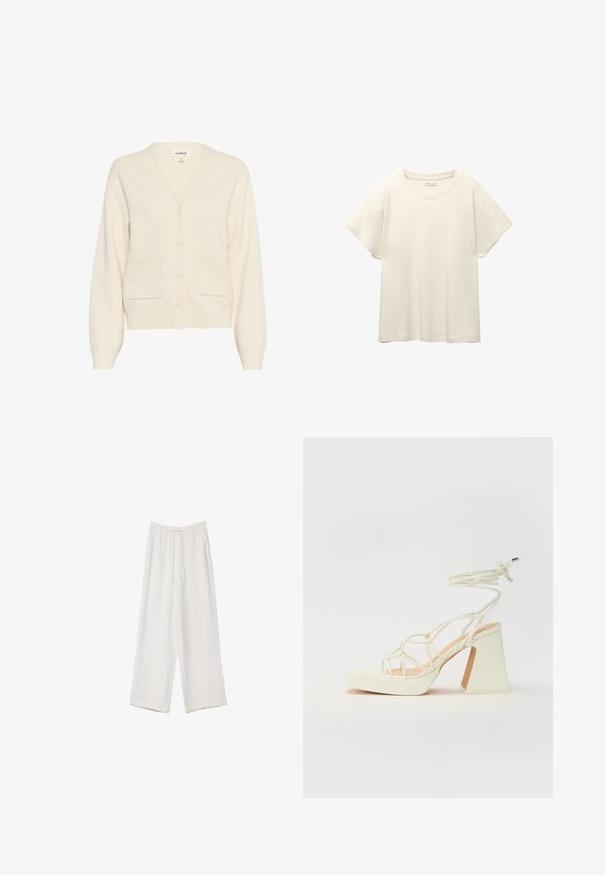 Kermivaaleat neulecardiganit, jotka on valmistettu pehmeästä materiaalista, jossa on V-pääntie, nappikiinnitys, pitkät hihat ja kaksi etupatch-taskua.; Vaaleanbeige lyhythihainen t-paita, jossa on pyöreä kaula-aukko, valmistettu pehmeästä ja sileästä kankaasta. Ominaisuuksina rento mitta ja suora helma.; Valkoiset leveälahkeiset housut kevyestä kankaasta. Ominaisuuksiin kuuluu elastinen vyötärö, jossa on nauhakuuluma ja sivutaskut. Sileä rakenne.; Valkoinen korkokenkä, jossa on paksu korko, ja joka sisältää nauhakiinnityksen ja nilkkaketjun. Sujuva pinta, jossa on platform-etupohja lisäkorkeutta varten.