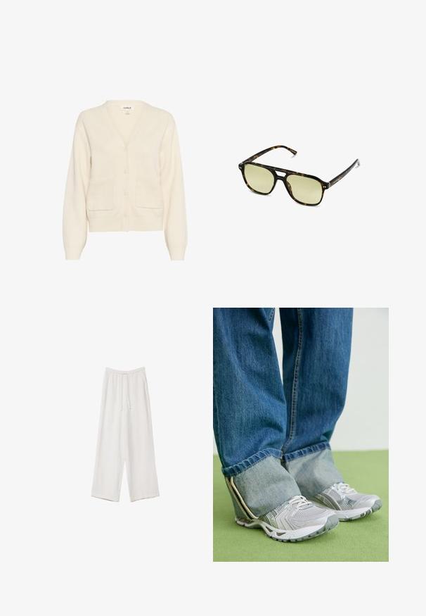 Cremefarbener Cardigan aus weichem Material, mit V-Ausschnitt, Knopfverschluss, langen Ärmeln und zwei aufgesetzten Taschen vorne.; Weißes T-Shirt mit kurzen Ärmeln aus Baumwolle. Hat einen Rundhalsausschnitt und eine lockere Passform. Glatte Textur ohne sichtbare Muster oder Akzente.; Weiße weit geschnittene Hose aus leichtem Stoff. Mit einem elastischen Bund und Kordelzug sowie Seitentaschen. Glatte Textur.; Graue Turnschuhe aus Mesh-Material mit weißen Akzenten, kombiniert mit blauen Jeans, die an den Knöcheln umgeschlagen sind.; Schildkrötensonnenbrille mit rechteckiger Form, grün getönten Gläsern und gemusterten Acetatrahmen. Verfügt über metalliche Akzente in der Nähe der Gläser.