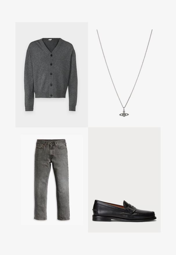 Cardigan gri tricotat cu decolteu în V, închidere cu nasturi și mansete cu model în riduri. Textură netedă și croială lejeră, dotat cu șase nasturi negri.; Tricou din bumbac negru, cu guler rotund și mâneci scurte. Are un logo subtil în față și o linie de tiv dreaptă. Design simplu și minimalist.; Jeanși din denim gri, cu croială dreaptă, design cu cinci buzunare și accesorii din alamă pentru închidere și detalii. Textură uzată vizibilă.; Mocasini din piele neagră cu vârful rotunjit, detalii cusute și o curea decorativă în partea din față. Talpă plată cu un profil minim.; Colier din argint cu un pandantiv detaliat în formă de planetă, împodobit cu accente mici și modele complicate.