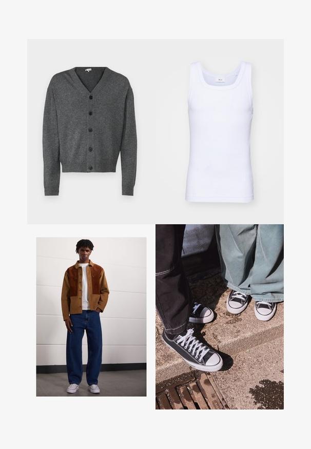 Szürke kötött kardigán V-nyakkivágással, gombos elülső résszel és bordázott mandzsettával. Simaszerkezetű és laza fazonú, hat fekete gombbal.; Fehér pamut ujjatlan trikó kerek nyakkivágással, sima textúrával és testhezálló fazonnal, amelyet hétköznapi viseletre terveztek.; Férfi áll bent egy barna kordbársony dzsekiben rozsdás foltokkal, fehér pólóban, laza kék farmerben és fehér sportcipőben.; Fekete vászon, alacsony szárú sportcipők fehér gumibókos részekkel és fűzőkkel, széles zöld farmernadrággal párosítva, egy textúrált kőfelületen.