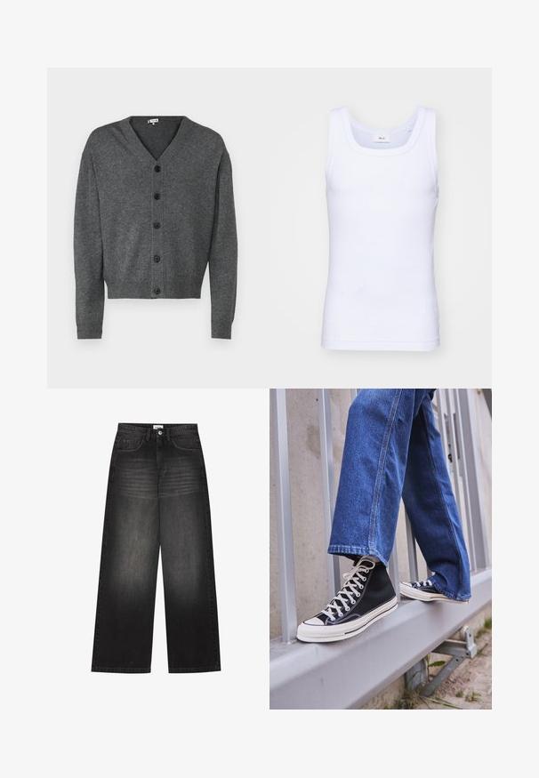 Šedý pletený kardigan s výstřihem do V, zapínáním na knoflíky a žebrovanými manžetami. Hladká textura a volný střih se šesti černými knoflíky.; Bílé bavlněné tílko bez rukávů s kulatým výstřihem, s hladkou texturou a přiléhavým střihem, navržené pro volnočasové nošení.; YOURTURN UNISEX - Baggy džíny - black denim; Černé vysoké tenisky s bílou podrážkou a tkaničkami, v kombinaci s volnými modrými džíny, odpočívající na šedém zábradlí.