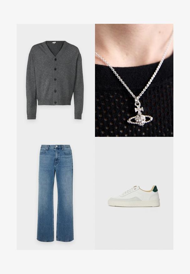 Szary sweter z dzianiny z dekoltem w kształcie litery V, zapinany na guziki, z prążkowanymi mankietami. Gładka struktura i luźny krój z sześcioma czarnymi guzikami.; Biała bawełniana koszulka bez rękawów z okrągłym dekoltem, charakteryzująca się gładką fakturą i dopasowanym krojem, zaprojektowana do noszenia na co dzień.; Szerokie niebieskie dżinsy wykonane z denimu o wyblakłym wykończeniu. Posiadają pięć kieszeni, zapięcie na guzik z przodu oraz prosty krój.; Białe trampki z zamszowymi akcentami, zaokrąglony czubek, płaskie sznurowadła i kremowa gumowa podeszwa. Posiadają zielone logo na pięcie.; Srebrny naszyjnik z fakturowanym wisiorkiem, na którym znajduje się kula ziemska i krzyż, na tle czarnej dzianiny. Łańcuszek jest delikatny i okrągły.