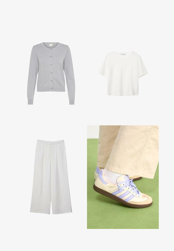 Vaaleanharmaa neulottu neuletakki, jossa on pyöreä kaula-aukko, pitkät hihat ja etupainonappikiinnitys. Ominaisuuksiin kuuluu hienovarainen raidoitus ja istuva helma.; Valkoinen lyhythihainen T-paita, joka on tehty puuvillasta. Siinä on pyöreä kaula-aukko ja rento malli. Silkkinen pinta ilman näkyviä kuvioita tai koristeita.; Valkoiset leveälahkeiset housut, jotka on valmistettu kevyestä kankaasta. Niissä on joustava vyötärö ja nauha säädettävää istuvuutta varten. Sileä pinta.; Kermasilta ja laventelilta näyttävät lenkkarit kolmella raidalla ja teksturoidulla ruskealla pohjalla, varustettuna nauhoilla ja pehmustetulla kantapäällä. Pehmeä kangaspinta.