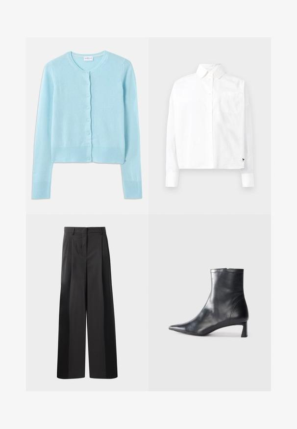 Világoskék kardigán, puha anyagból készült, kerek nyakkivágással, hosszú ujjal és gombos zárással, bordás mandzsettával és szegéllyel.; Fehér, hosszú ujjú, gombos ing, hegyes gallérral, egyetlen mellzsebbel és kis mandzsettával. Simább, könnyű anyagból készült.; Fekete, bő szárú nadrág magas derékkal, elöl plissékkel, sima felülettel és igényes kidolgozással. Kényelmes viseletre tervezve.; Fekete bőr bokacsizma hegyes orral és letisztult dizájnnal. Alacsony sarka és hátsó cipzáras záródása van. Simának tűnő textúra.