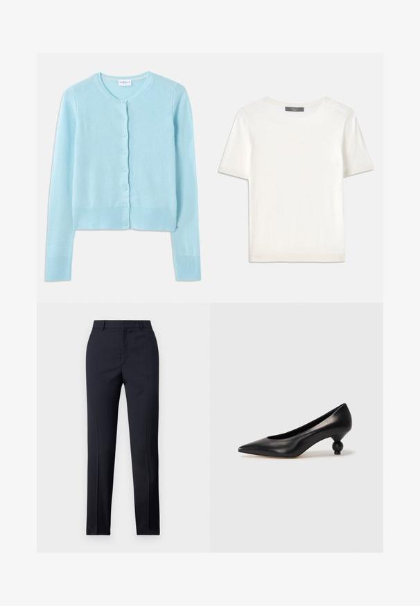 Világoskék kardigán, puha anyagból készült, kerek nyakkivágással, hosszú ujjal és gombos zárással, bordás mandzsettával és szegéllyel.; Fehér, rövid ujjú kötött felső, kerek nyakkivágással, sima textúrával és diszkrét bordázott részletekkel az ujjain és az alján.; Tengerészkék, egyenes szabású, szabott nadrág sima textúrával, két elülső zsebbel és letisztult derékkal.; Fekete bőr magassarkú cipő, hegyes orral és kerek, gömbölyű sarokkal. Simább textúrával, elegáns, minimalista dizájnnal.