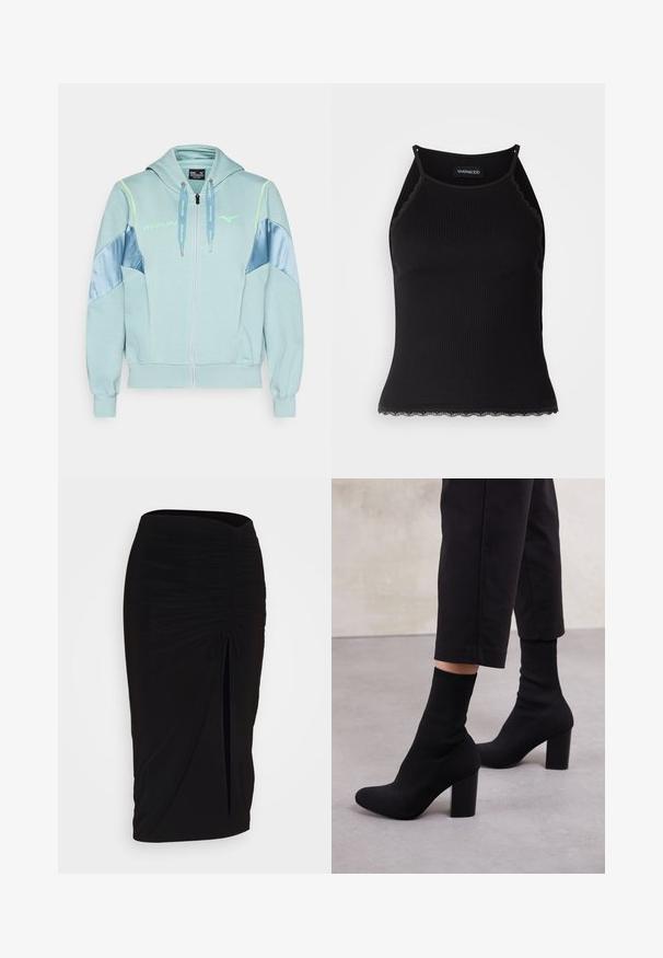 Ljusblå zip-up hoodie med huva, kontrasterande blå satinpaneler och neonkänsla. Har frampockets och justerbara dragsnören.; Svart ribbad linne med scallop-mönstrad spetskant i nederkant. Har tunna axelband och en figurnära design. Tillverkad av elastiskt tyg.; Svart, rynkad pennkjol med knytning och en sidoslits. Tillverkad av ett elastiskt tyg, med en jämn yta och figurnära design.; Svarta stickade ankelskor med ribbat sockliknande ovandel, slät yta, rund tå och blockklack för stabilitet.