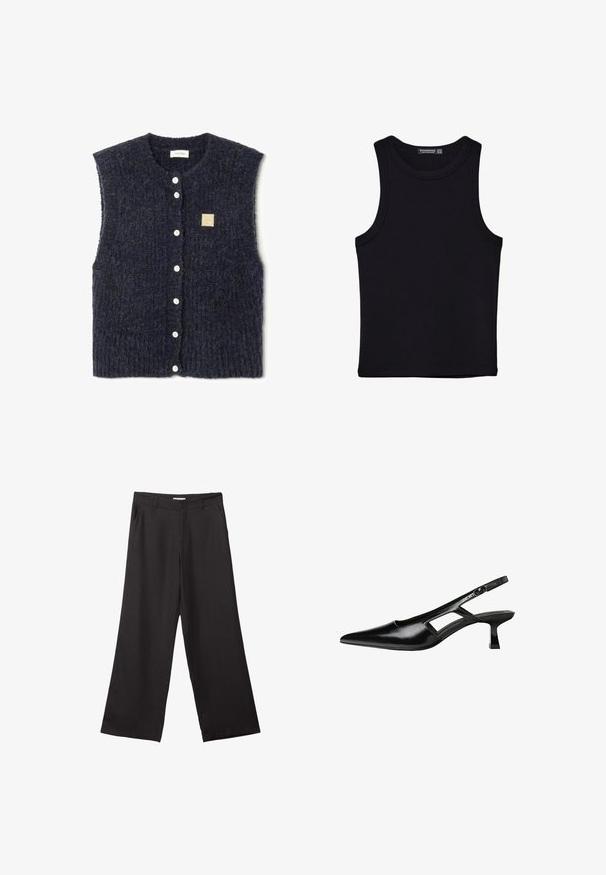 Námořnické modré bezrukávové pletené vesta s texturovaným vzorem, obsahující bílé knoflíky a malou čtvercovou látkovou nášivku na levé straně.; Černý top na ramínka vyrobený z bavlny, s kulatým výstřihem a širokými průramky. Hladká textura s prošitými lemy. Klasický, minimalistický design.; Černé široké kalhoty vyrobené z hladké tkaniny, s předním zipem a dvěma bočními kapsami, s dobře padnoucím střihem a minimalistickým designem.; Černé lakované lodičky na podpatku se špičatou špičkou, výřezovým designem na boku a malým čtvercovým podpatkem. Hladká textura s minimálními akcenty.