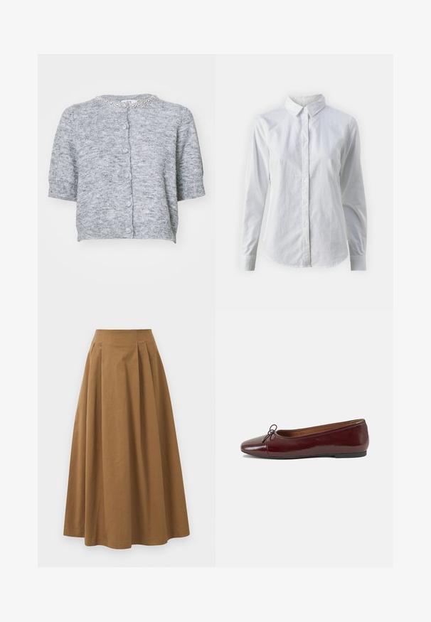 Trumpa rankovėm, pilka kardiganas su tekstūruotu megztiniu, apvalia iškirpte ir papuošta apykakle. Yra priekiniai mygtukai ir rusvinti rankogaliai.; Balta marškinėliai su mygtukais, pagaminti iš lygios medvilnės, su klasikiniais apykaklės, ilgomis rankovėmis ir lenktu kraštu. Mygtukai maži ir balti.; Ruda medvilninė A formos sijonas su aukštu liemeniu, puikuojantis klostėmis priekyje ir lygia tekstūra. Apdailos kraštai yra švarūs ir paprasti.; Bordo lakiotos odos baleto bateliai su apvalia nosimi, maža kaspinėlio akcentu priekyje ir žema juoda guma padanga. Lygi tekstūra.