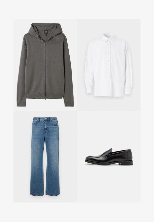 Grijze gebreide hoodie met een volledige voorkleur rits, ribbelmanchetten en zoom, en een capuchon met trekkoord. Glad oppervlak met een eenvoudig ontwerp.; Witte button-down shirt met een kraag, voorzien van subtiele verticale strepen, lange mouwen, een borstzak en een klassieke ronde zoom.; Brede blauwe jeans van denim met een verouderde afwerking. Heeft vijf zakken, een sluiting met vooraan knoop en een rechte snit.; Zwarte leren instappers met een gladde textuur, ronde neus en een decoratieve band over de wreef. Lage, gestapelde hak en minimalistisch ontwerp.