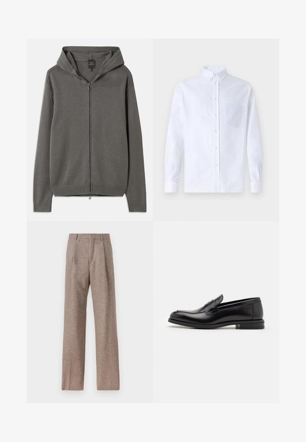 Gray knitted hoodie with a full front zipper, ribbed cuffs and hem, and a drawstring hood. Smooth texture with a simple design.; White long-sleeve button-up shirt made of cotton, featuring a chest pocket with tonal embroidery, a collar, and button cuffs.; Brown, high-waisted trousers made of textured fabric. Features wide legs and two front pleats for structure. Neat finish with no visible hardware.; Black leather loafers with a smooth texture, rounded toe, and a decorative strap across the vamp. Low stacked heel, minimalist design.