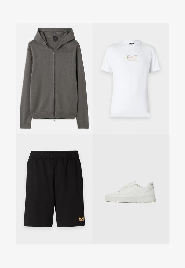 Harmaa neulottu huppari, jossa on vetoketju edessä, resorit hihansuissa ja helmassa sekä nyöri huppua varten. Sujuva rakenne yksinkertaisella designilla.; Valkoinen puuvillapaita, jossa on pyöreä kaula-aukko ja lyhyet hihansuut. Paidassa on etupuolella kultainen EA7 Emporio Armani -logo.; Mustat urheilushortsit, jotka on valmistettu pehmeästä kankaasta. Kengissä on joustava vyötärönauha ja pieni keltainen EA7-logo vasemmassa alakulmassa.; Valkoinen nahkakenkä, jossa on sileä pinta, pyöreä kärki, tasaiset nauhat ja teksturoitu pohja. Sisältää huomaamattoman logon kantapäässä.