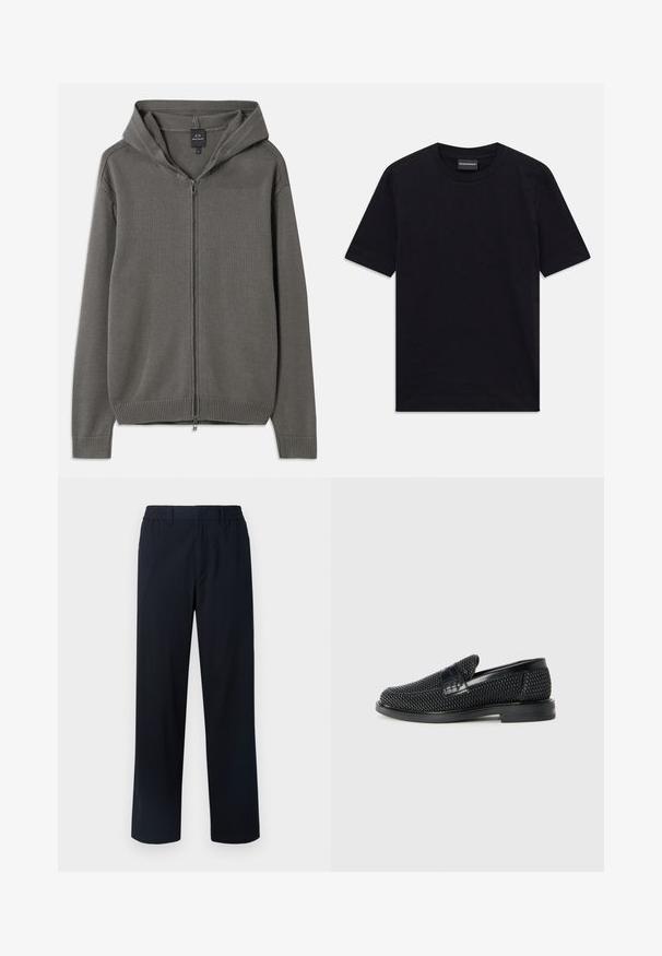 Grå strikket hettegenser med full glidelås foran, ribbede mansjetter og ofte, samt en snorhette. Jevn tekstur med et enkelt design.; Svart kortermet T-skjorte med rund hals, med subtilt preget mønster og merkeetikett inni kragen, liggende flatt på hvit bakgrunn.; Marinebukser med elastisk linning, rett bendesign, strukturert stoff, og uten synlige lommer eller pynt.; Sorte vevde slip-on sko med en glatt lærdetalj på overdelen, design med rund tå og en lavprofil gummisåle.