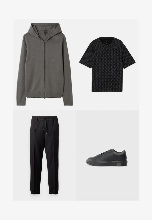 Grå strikket hettegenser med full glidelås foran, ribbede mansjetter og ofte, samt en snorhette. Jevn tekstur med et enkelt design.; Svart T-skjorte med et teksturert mønster av wekslende 'A' logoer, korte ermer og rund hals. Laget av lett stoff.; Sorte bukser med liv, snor og elastiske mansjetter. Har plisséer og et glatt, teksturert stoff.; Sorte lærersneakers med en glat finish, rund tå og mørkegrå detaljer. Har snørebånd og en struktureret gummisål.