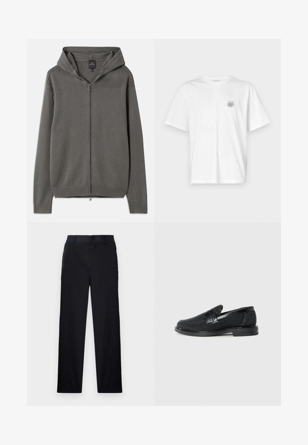 Γκρι πλεκτό φούτερ με πλήρη μπροστινό φερμουάρ, ριμπ μανίκια και στρίφωμα, και κουκούλα με κορδόνι. Λείος υφή με απλό σχέδιο.; Λευκό μπλουζάκι από βαμβάκι με κοντά μανίκια, στρογγυλή λαιμόκοψη και μικρό γκρίζο λογότυπο στην αριστερή περιοχή του στήθους. Λείο υφασμά.; Μαύρο παντελόνι με ελαφρύ, υφασματοποιημένο φινίρισμα, ευθύ γραμμή, ελαστική ζώνη στη μέση και πλαϊνές τσέπες με φερμουάρ.; Μαύρο πλεκτό παπούτσι slip-on με λείο δερμάτινο στοιχείο στο άνω μέρος, στρογγυλή μύτη και χαμηλό καουτσούκ πάτο.
