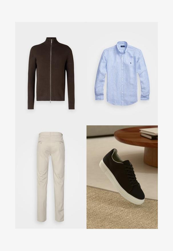 Brown zip-up sweater with a high collar, made of textured knit fabric. Features long sleeves and ribbed cuffs and hem.; Blue and white striped long-sleeve shirt made of cotton, featuring a button-down collar, front buttons, and a small embroidered logo on the chest.; Beige trousers with a smooth texture, straight cut, two back pockets with buttons, and a standard waistband.; Black sneaker with white sole floating above beige textured rug near round wooden table with stacked books.