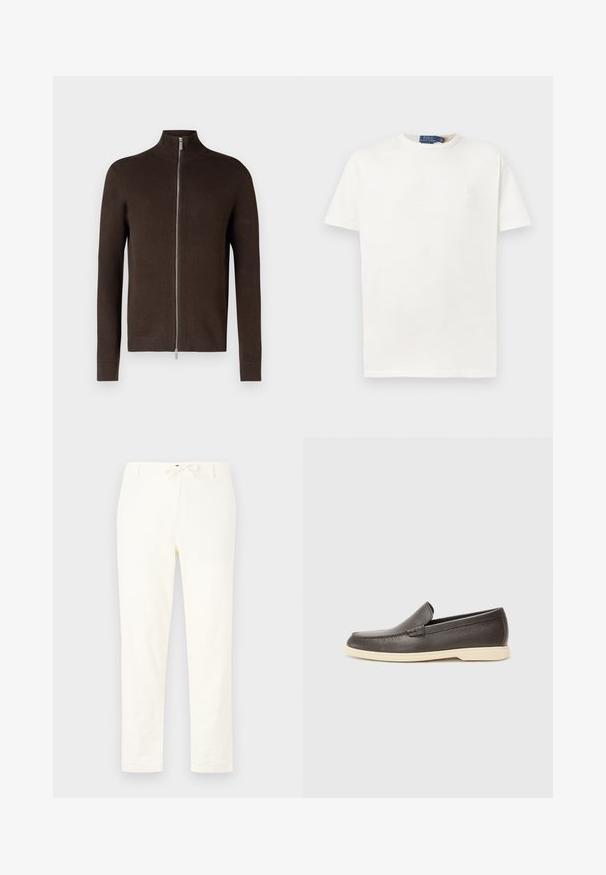Pruun tõmblukuga sviiter kõrge kaelusega, valmistatud tekstuursetest kudumiskangast. Omab pikki varrukaid ning soonikkoes mansette ja allaosa.; Üksik valge lühikese varrukaga ümar kaelusega T-särk, millel on vasakul rinnal diskreetne tikand ning bränditud krae silt.; Valged, kerge linased püksid, millel on nööriga vöökoht. Sirgjooneline disain, minimaalne tekstuur ja ei mingeid nähtavaid mustreid ega riistvaradetaile.; Pruunid nahast libisemisega jalanõud tekstuuriga pinnaga ja kontrastse heleda beeži tallaga, millel on ümar varvas ja minimaalsed õmblusdetailid.