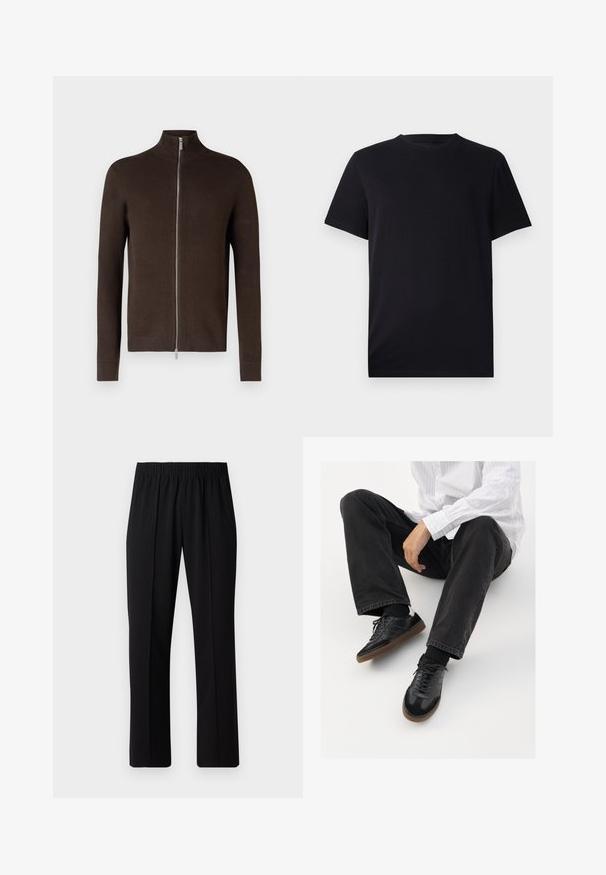 Brown zip-up sweater with a high collar, made of textured knit fabric. Features long sleeves and ribbed cuffs and hem.; Black short-sleeve T-shirt made of smooth cotton, featuring a crew neckline and a classic fit without any patterns or visible hardware.; Black, elastic-waist trousers with a straight-leg design, featuring a smooth texture and no visible patterns or hardware.; Black sneakers with a smooth and textured upper, featuring a rubber sole and dark laces. Paired with black jeans and a white striped shirt.
